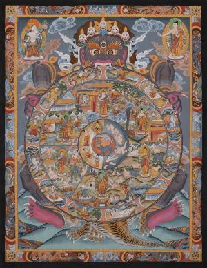 Grey Color Wheel Of Life Bhavachakra | Original Hand Painted Tibetan Buddhist Thangka | Wall Decor | Painting for Meditation and Good Luck